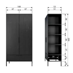 WOOOD Garderobekast Adam 2 Deurs Zwart 200x100x53 Cm -Meubel Pracht 123 512